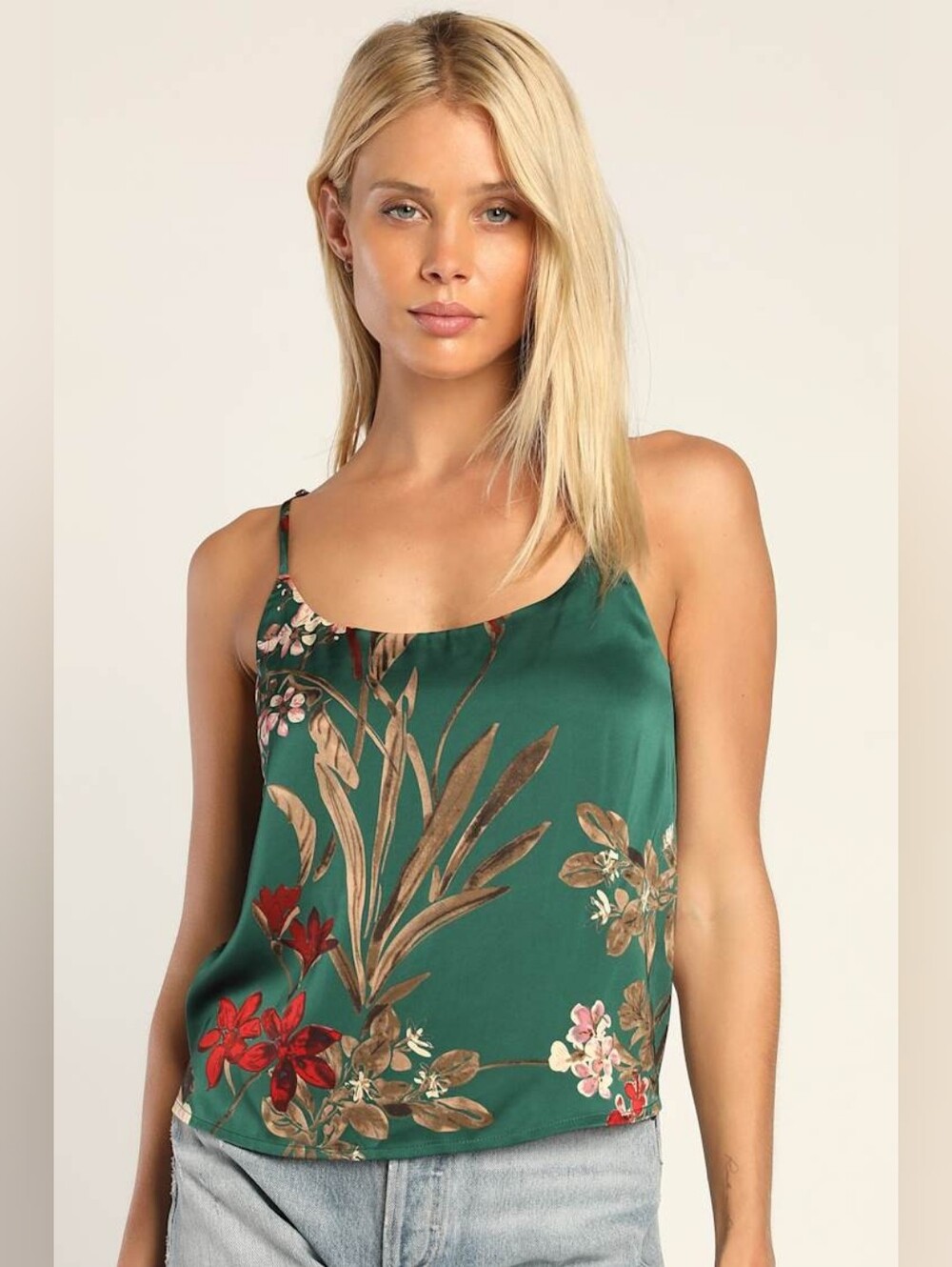 NWT ** Lulus Miles of Styles Green Floral Print Satin Cami Top